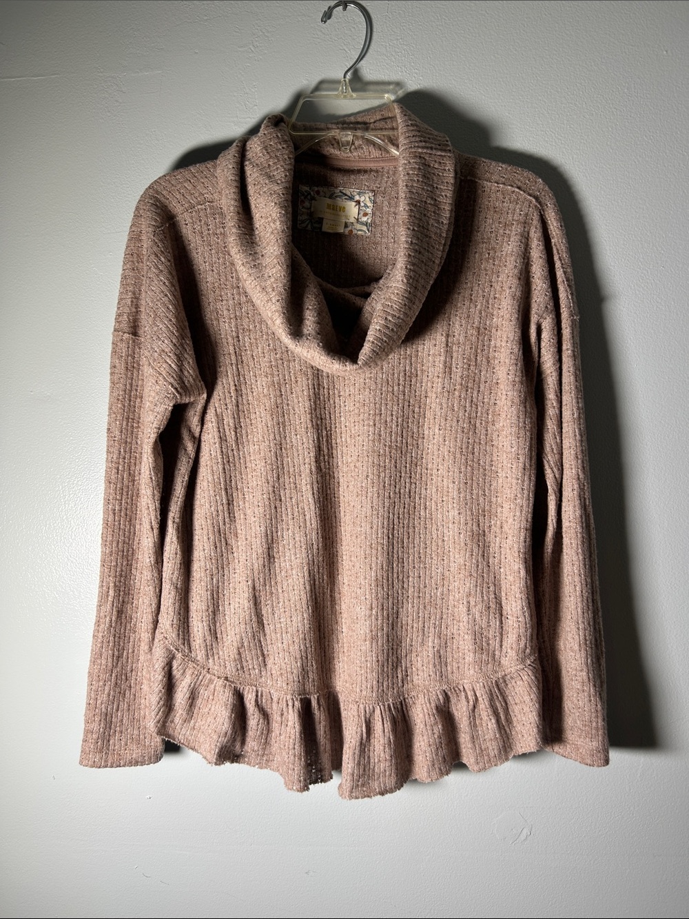 Maeve Blush Taupe Cowl Neck Ruffle-Hem Sweater